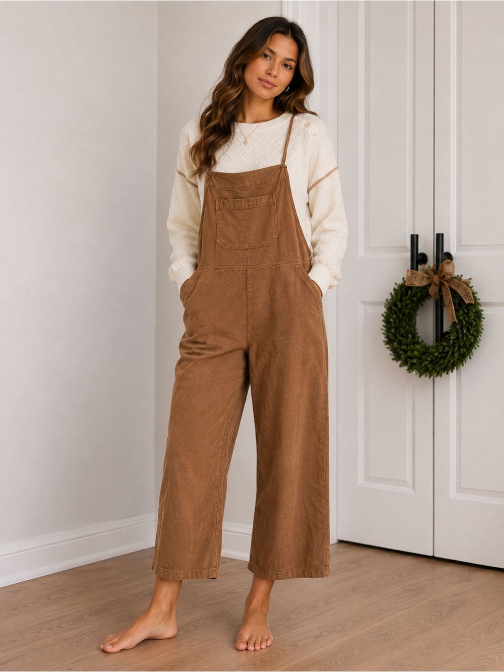 Anthropologie Self Contrast Camel/Tan corduroy Wide Leg Overalls small